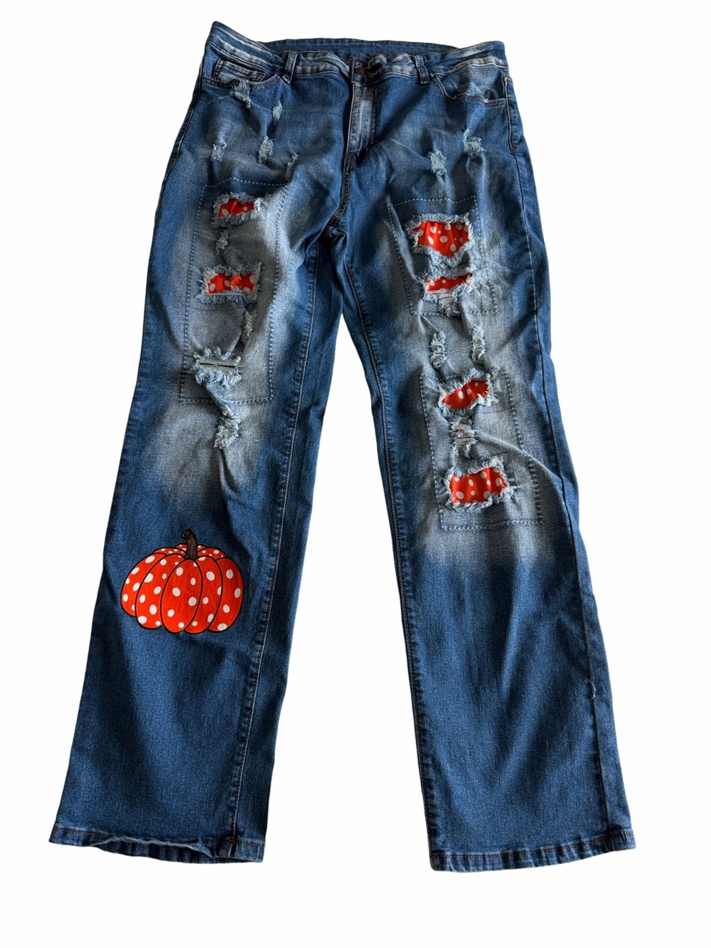 Blue Distressed Women's Jeans with Orange Pumpkin Patch. Size XXL.